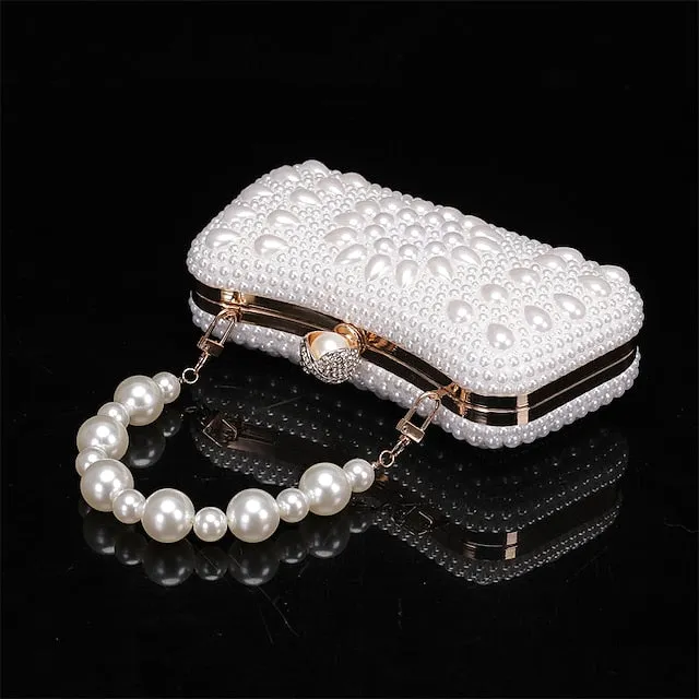 Women's Clutch Evening Bag Coin Purse Clutch Bags Leather for Evening Bridal Wedding Party with Pearls Chain in Geometric White Beige