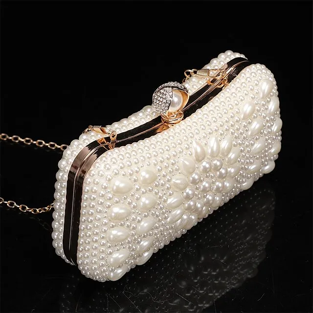 Women's Clutch Evening Bag Coin Purse Clutch Bags Leather for Evening Bridal Wedding Party with Pearls Chain in Geometric White Beige