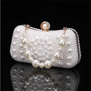 Women's Clutch Evening Bag Coin Purse Clutch Bags Leather for Evening Bridal Wedding Party with Pearls Chain in Geometric White Beige