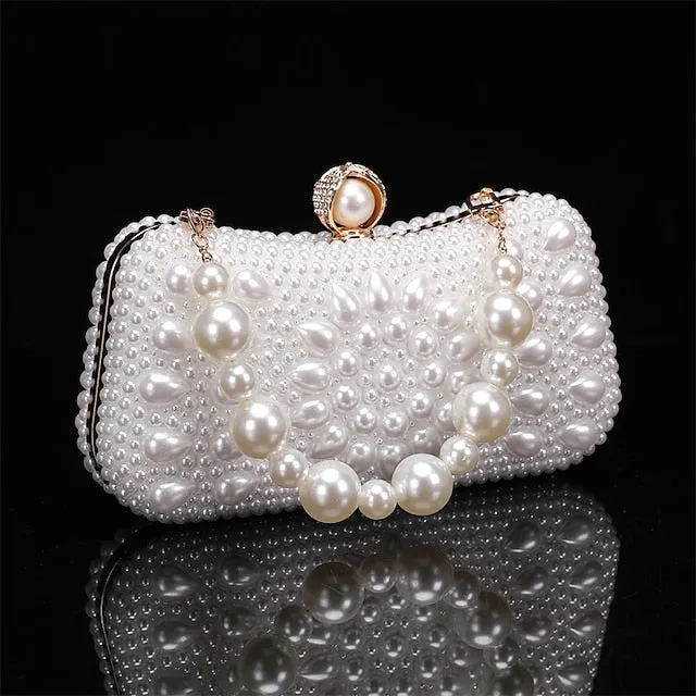 Women's Clutch Evening Bag Coin Purse Clutch Bags Leather for Evening Bridal Wedding Party with Pearls Chain in Geometric White Beige