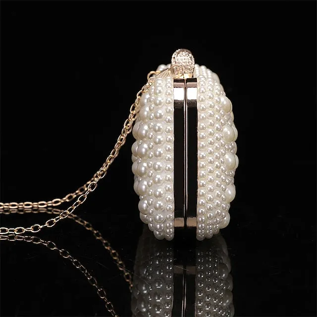 Women's Clutch Evening Bag Coin Purse Clutch Bags Leather for Evening Bridal Wedding Party with Pearls Chain in Geometric White Beige