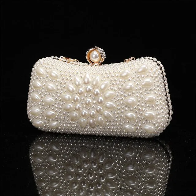 Women's Clutch Evening Bag Coin Purse Clutch Bags Leather for Evening Bridal Wedding Party with Pearls Chain in Geometric White Beige