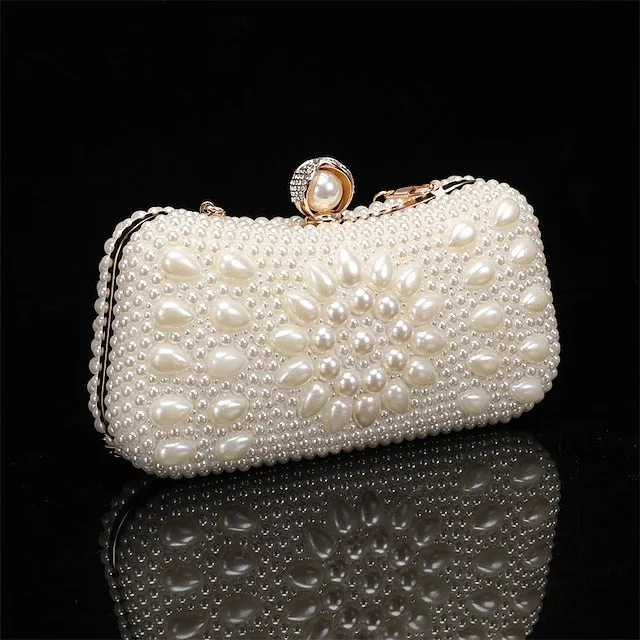 Women's Clutch Evening Bag Coin Purse Clutch Bags Leather for Evening Bridal Wedding Party with Pearls Chain in Geometric White Beige