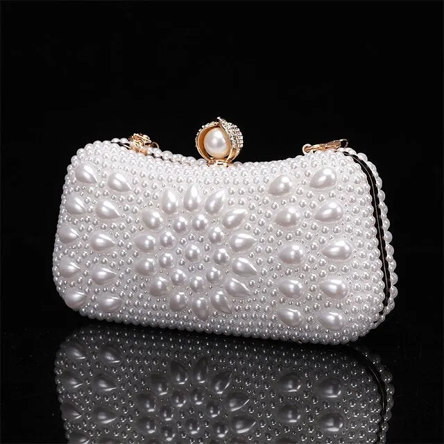 Women's Clutch Evening Bag Coin Purse Clutch Bags Leather for Evening Bridal Wedding Party with Pearls Chain in Geometric White Beige