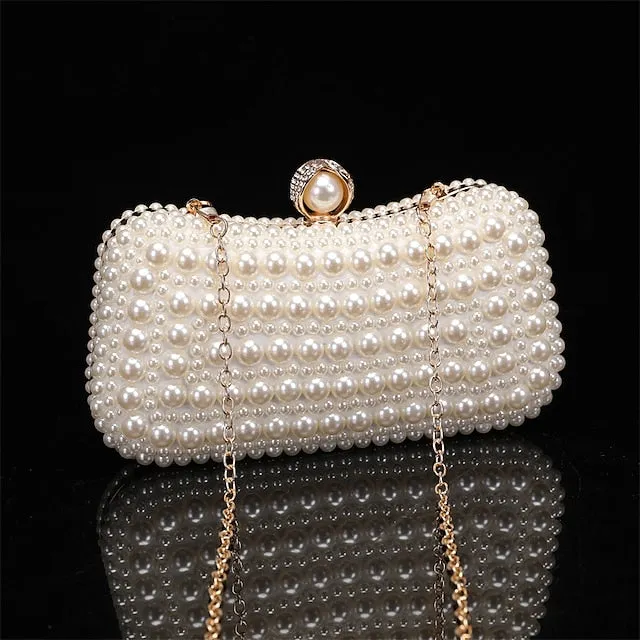 Women's Clutch Evening Bag Coin Purse Clutch Bags Leather for Evening Bridal Wedding Party with Pearls Chain in Geometric White Beige
