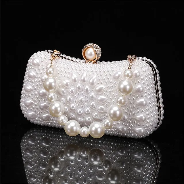 Women's Clutch Evening Bag Coin Purse Clutch Bags Leather for Evening Bridal Wedding Party with Pearls Chain in Geometric White Beige