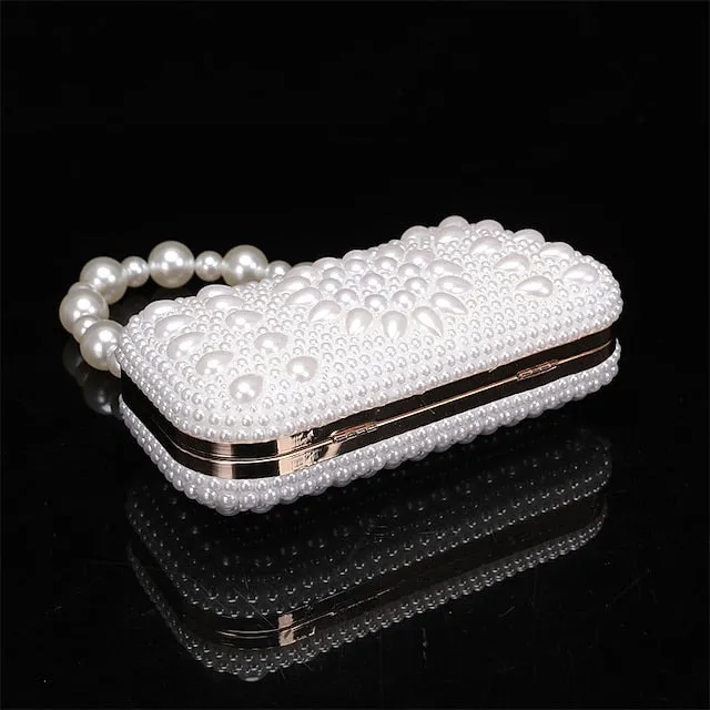 Women's Clutch Evening Bag Coin Purse Clutch Bags Leather for Evening Bridal Wedding Party with Pearls Chain in Geometric White Beige