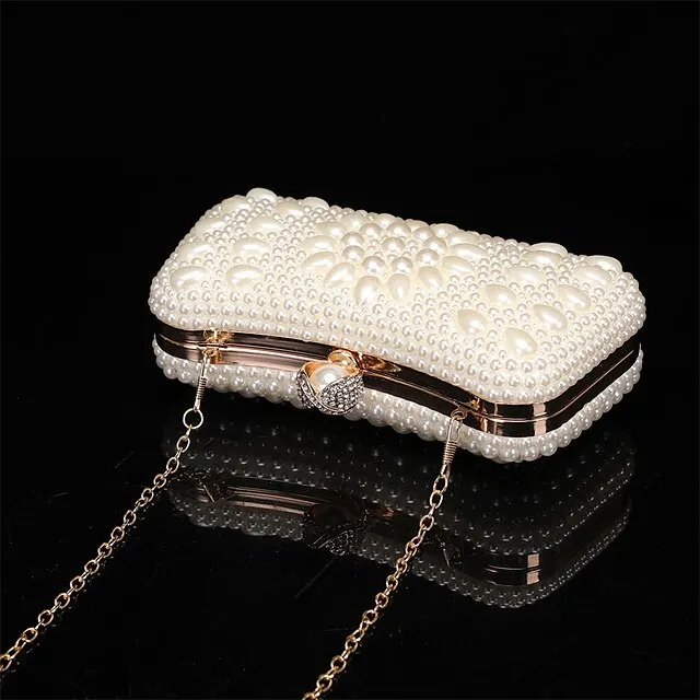 Women's Clutch Evening Bag Coin Purse Clutch Bags Leather for Evening Bridal Wedding Party with Pearls Chain in Geometric White Beige