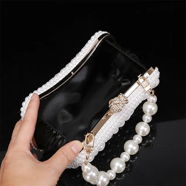 Women's Clutch Evening Bag Coin Purse Clutch Bags Leather for Evening Bridal Wedding Party with Pearls Chain in Geometric White Beige