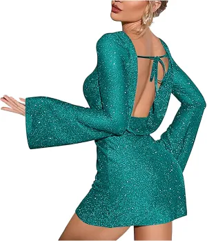 Womens Cocktail Party Dress, Sequins Long Bell Sleeve Backless Comfy Tight Fit Elegant Formal Prom Sexy Mini Dresses