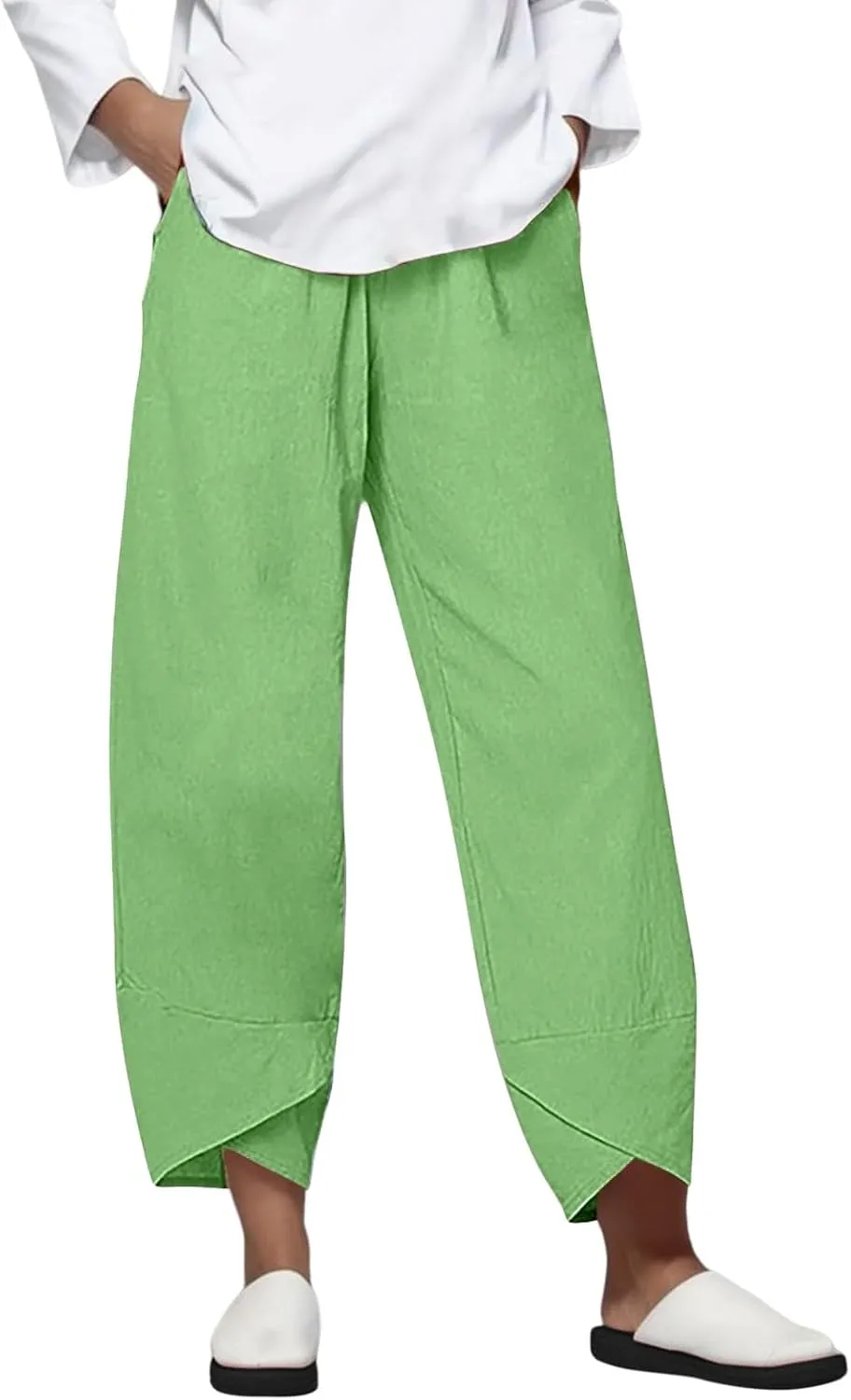 Women's Cotton Linen Capri Pants Casual Cropped Baggy Trousers Comfy Loose Palazzo Lounge Pants with Pockets