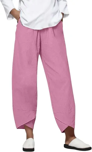Women's Cotton Linen Capri Pants Casual Cropped Baggy Trousers Comfy Loose Palazzo Lounge Pants with Pockets