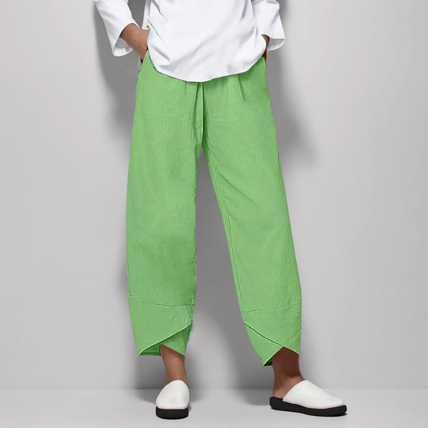 Women's Cotton Linen Capri Pants Casual Cropped Baggy Trousers Comfy Loose Palazzo Lounge Pants with Pockets