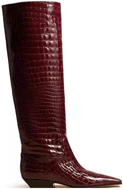 Women's Croc Knee High Boots Chunky Low Heel Pointed Toe Leather Riding Boots Tall Boots Wide Calf High Boots Pull On Faux Crocodile Boots