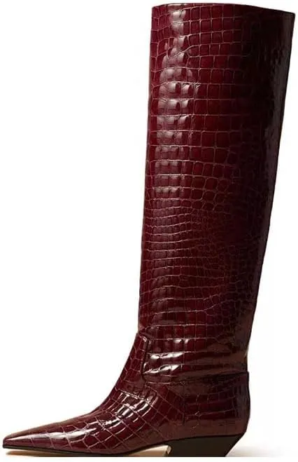Women's Croc Knee High Boots Chunky Low Heel Pointed Toe Leather Riding Boots Tall Boots Wide Calf High Boots Pull On Faux Crocodile Boots