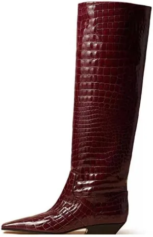 Women's Croc Knee High Boots Chunky Low Heel Pointed Toe Leather Riding Boots Tall Boots Wide Calf High Boots Pull On Faux Crocodile Boots