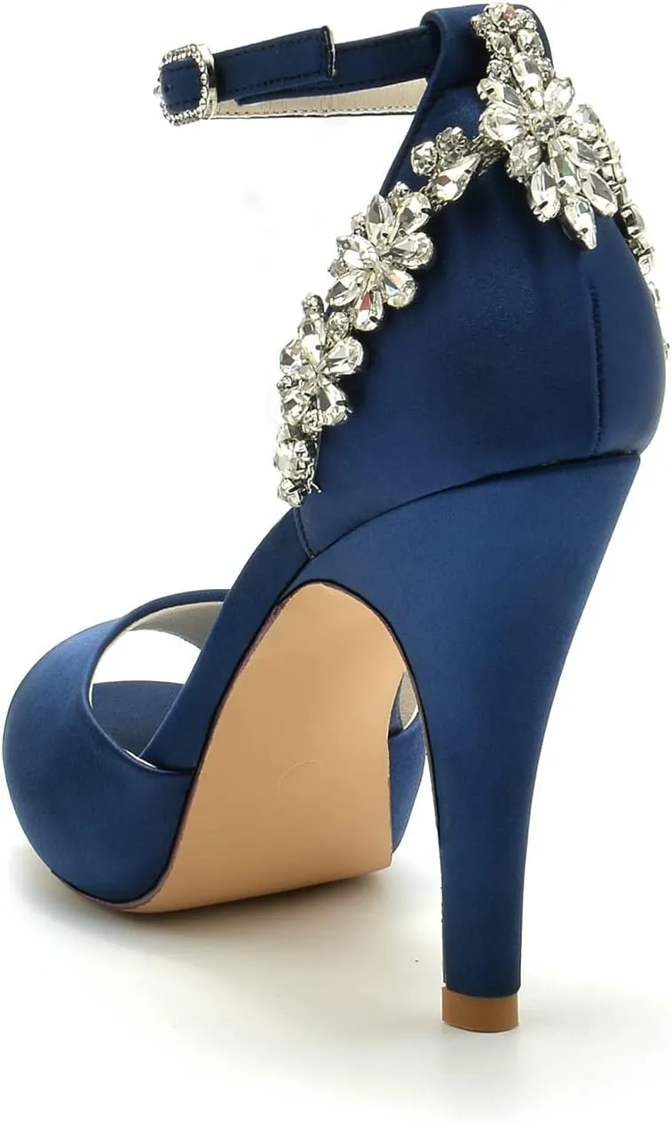 Women's Crystal Peep Toe High Heels Satin Wedding Bridal Shoes Rhinestones Sandals Prom Evening Formal Party Dress Pumps