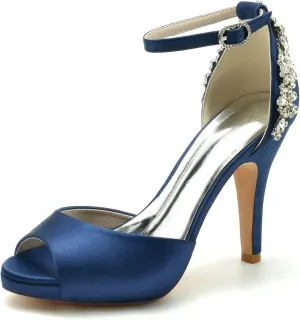 Women's Crystal Peep Toe High Heels Satin Wedding Bridal Shoes Rhinestones Sandals Prom Evening Formal Party Dress Pumps