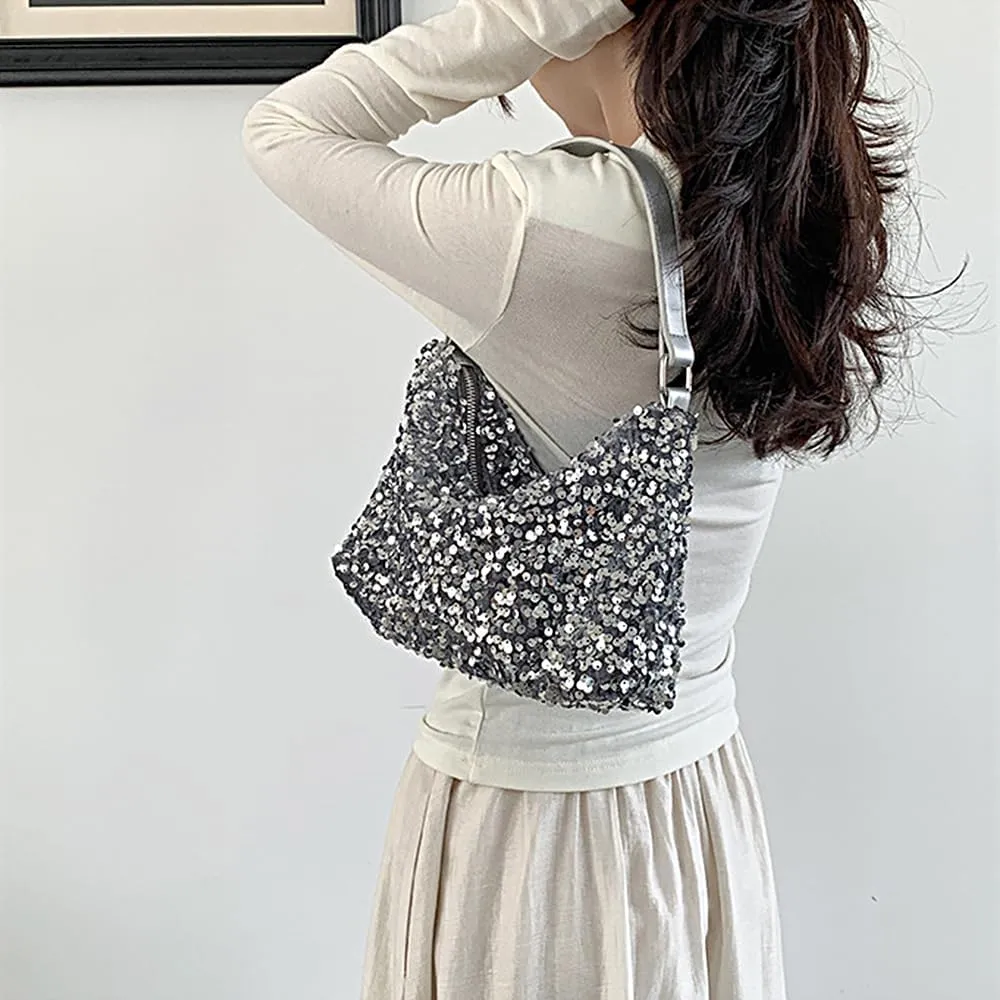 Womens Dazzling Clutch Handbag Purse Delicate Reversible Sequin Drawstring Shoulder Bag Large Capacity Tote Bag