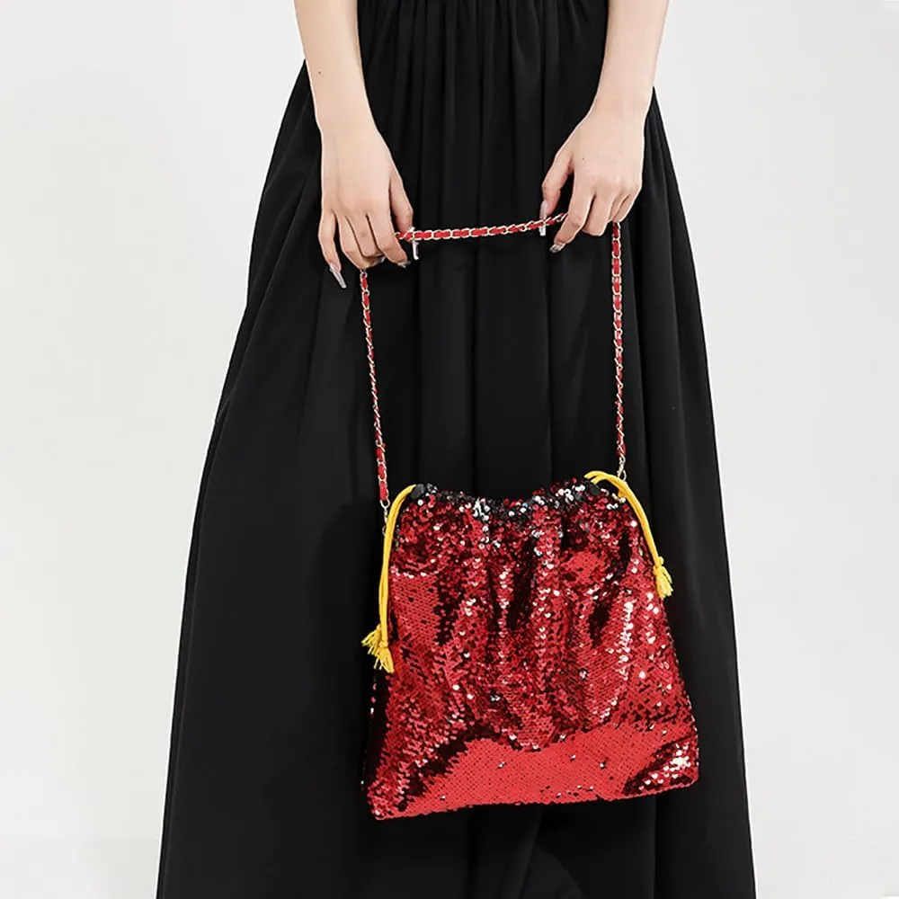 Womens Dazzling Clutch Handbag Purse Delicate Reversible Sequin Drawstring Shoulder Bag Large Capacity Tote Bag