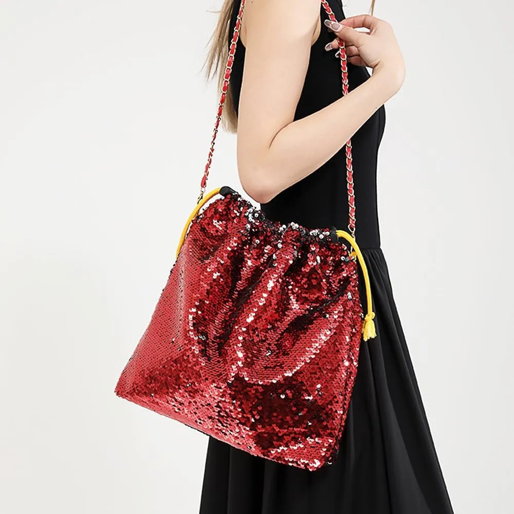 Womens Dazzling Clutch Handbag Purse Delicate Reversible Sequin Drawstring Shoulder Bag Large Capacity Tote Bag