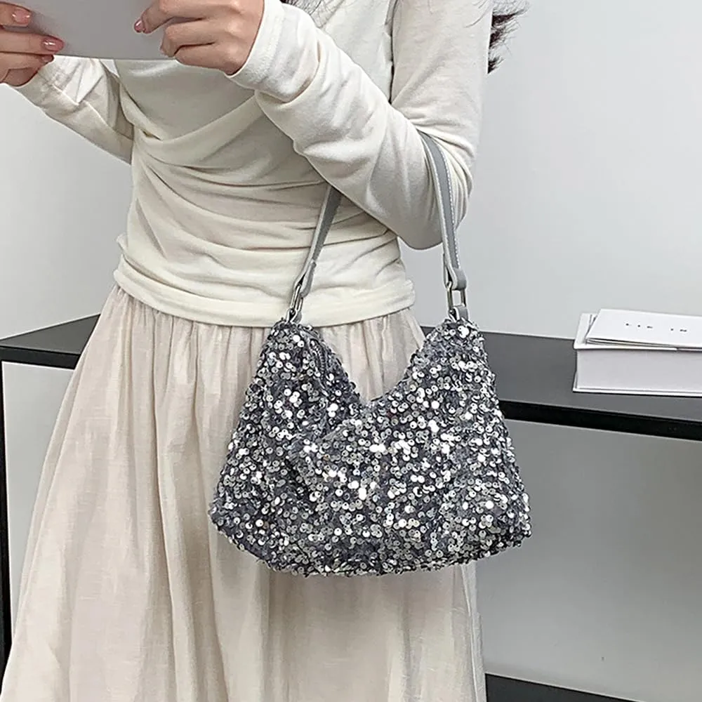 Womens Dazzling Clutch Handbag Purse Delicate Reversible Sequin Drawstring Shoulder Bag Large Capacity Tote Bag