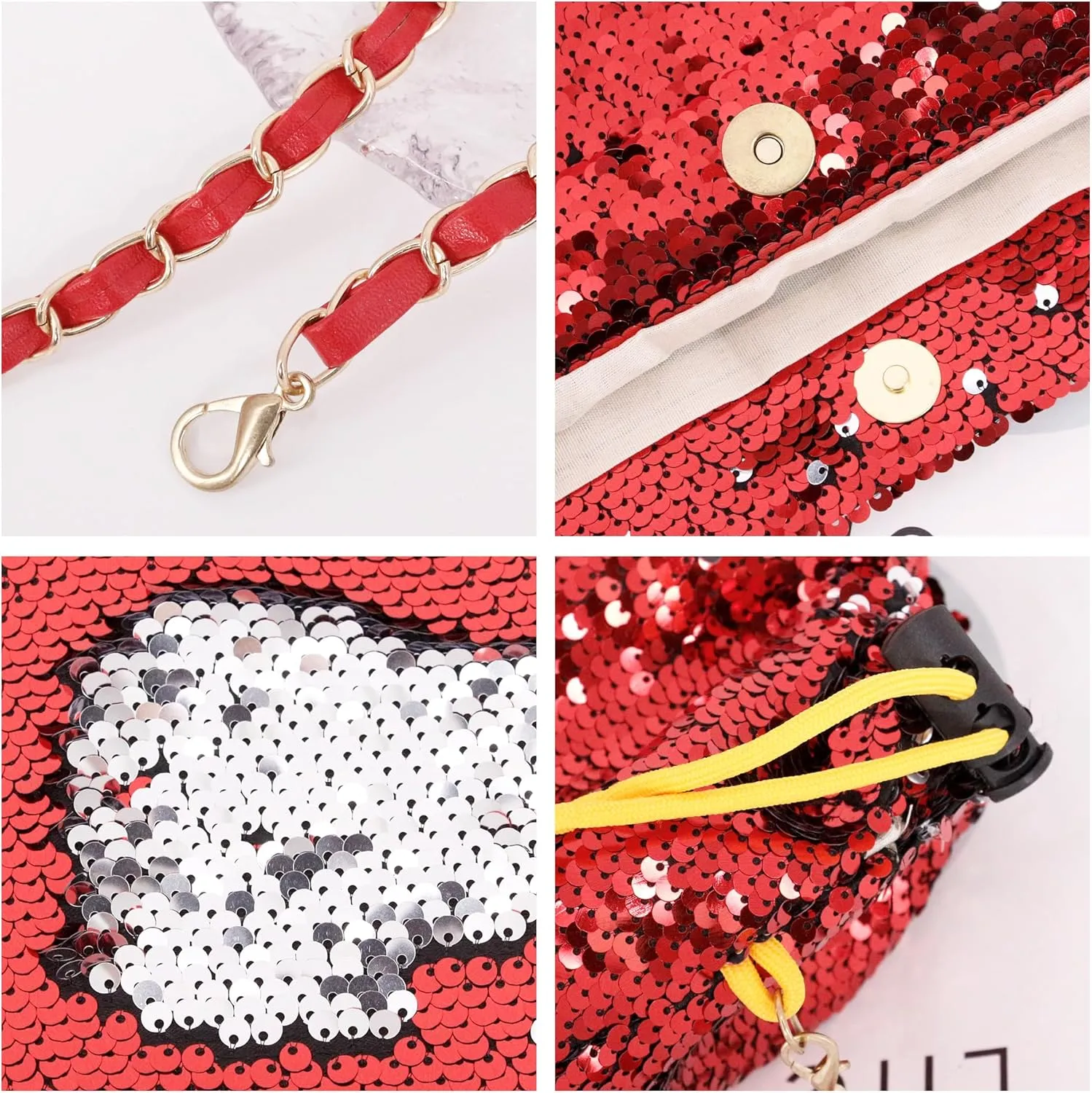 Womens Dazzling Clutch Handbag Purse Delicate Reversible Sequin Drawstring Shoulder Bag Large Capacity Tote Bag