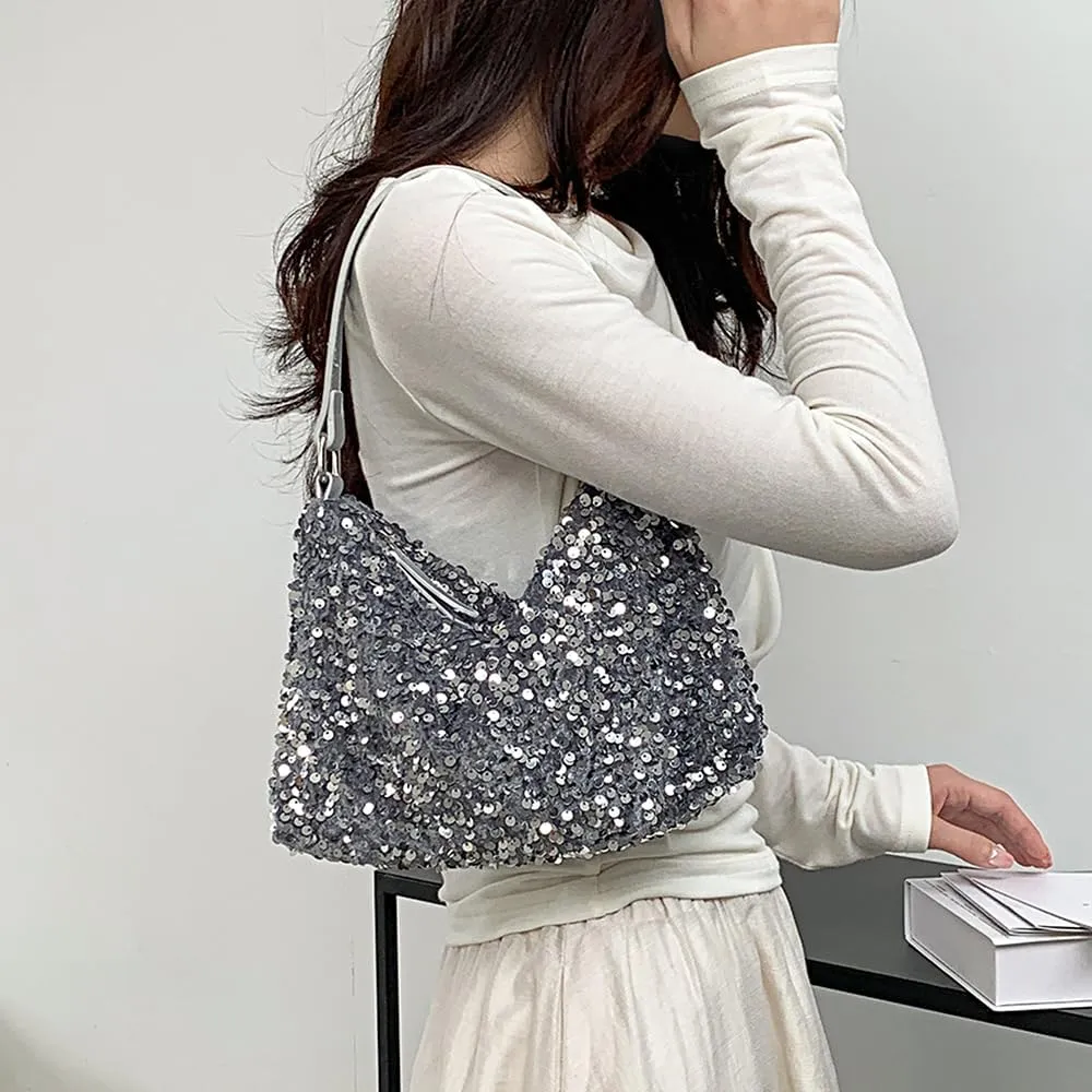 Womens Dazzling Clutch Handbag Purse Delicate Reversible Sequin Drawstring Shoulder Bag Large Capacity Tote Bag