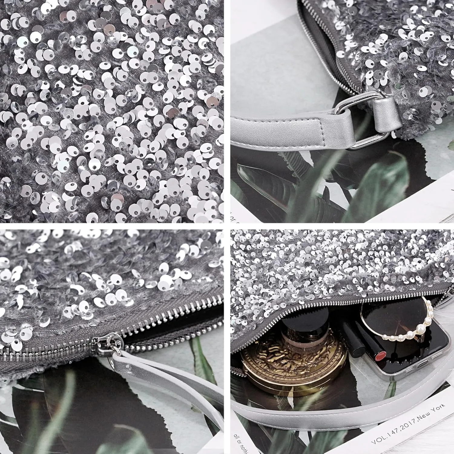 Womens Dazzling Clutch Handbag Purse Delicate Reversible Sequin Drawstring Shoulder Bag Large Capacity Tote Bag