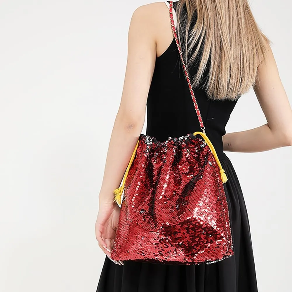 Womens Dazzling Clutch Handbag Purse Delicate Reversible Sequin Drawstring Shoulder Bag Large Capacity Tote Bag