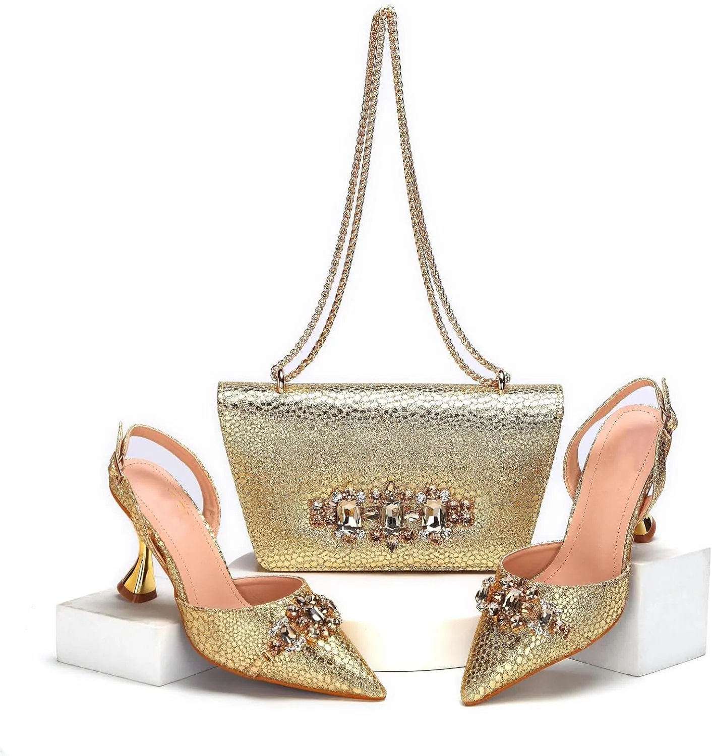 Womens Designer Nigerian Party Shoes and Purse Matching Set with Shinning Rhinestones Wedding High Heels Formal Wear