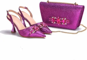 Womens Designer Nigerian Party Shoes and Purse Matching Set with Shinning Rhinestones Wedding High Heels Formal Wear
