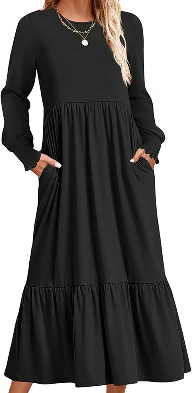 Women's Dresses Loose Fit Long Sleeve Crewneck Solid Tiered Ruffle Hem Maxi Dress Causal T-Shirt Dress with Pockets