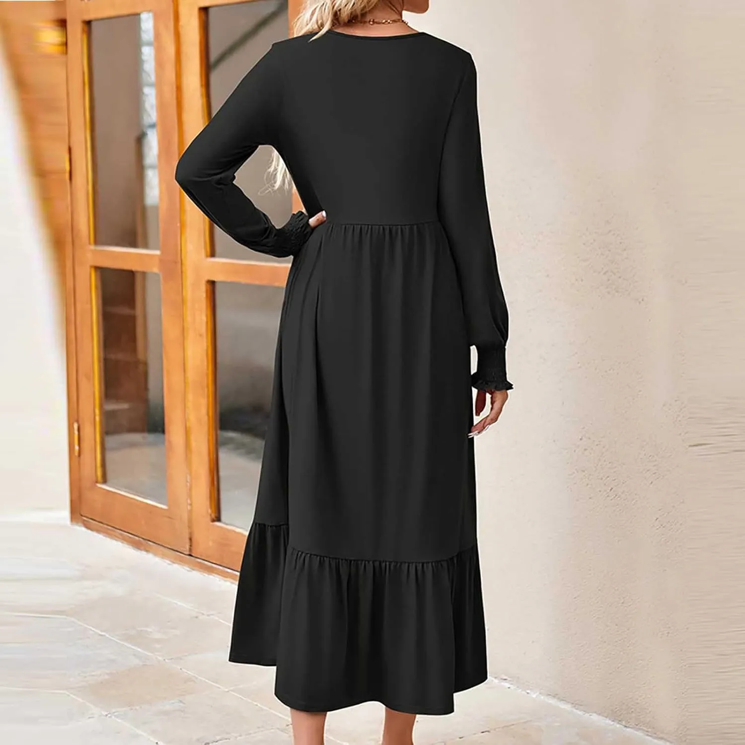 Women's Dresses Loose Fit Long Sleeve Crewneck Solid Tiered Ruffle Hem Maxi Dress Causal T-Shirt Dress with Pockets