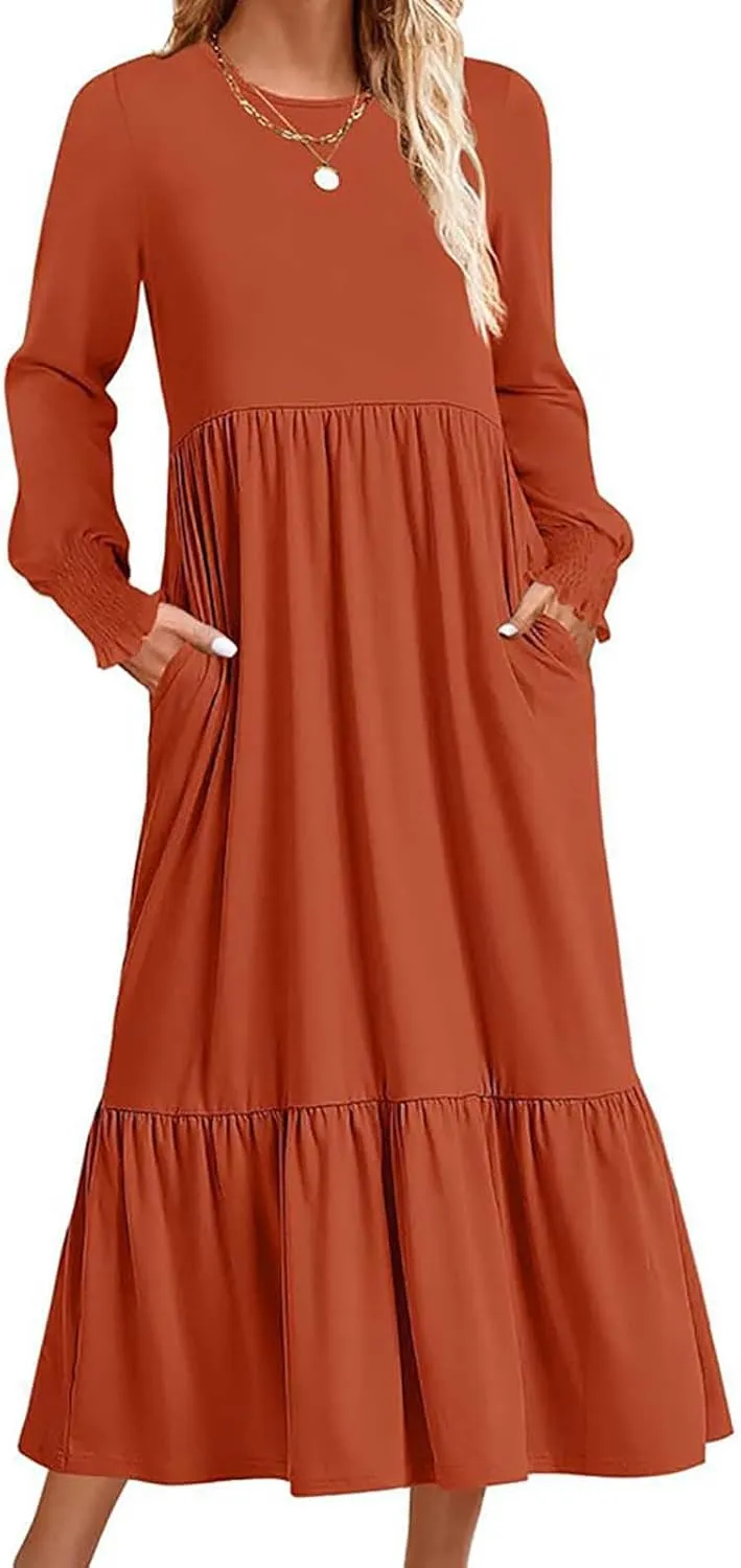 Women's Dresses Loose Fit Long Sleeve Crewneck Solid Tiered Ruffle Hem Maxi Dress Causal T-Shirt Dress with Pockets