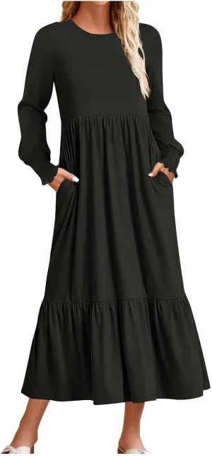 Women's Dresses Loose Fit Long Sleeve Crewneck Solid Tiered Ruffle Hem Maxi Dress Causal T-Shirt Dress with Pockets