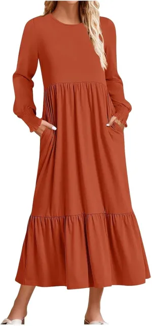 Women's Dresses Loose Fit Long Sleeve Crewneck Solid Tiered Ruffle Hem Maxi Dress Causal T-Shirt Dress with Pockets
