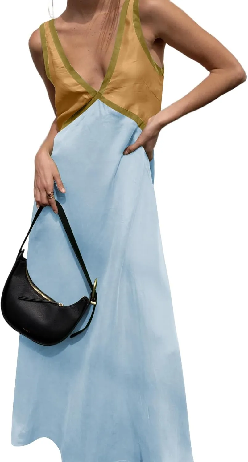 Womens Dresses Sleeveless Color Block Maxi Dress Y2K Deep V Neck Satin Dress Casual Patchwork Vacation Dresses 2025