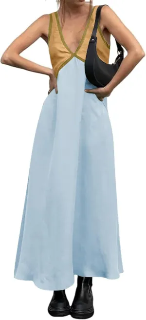 Womens Dresses Sleeveless Color Block Maxi Dress Y2K Deep V Neck Satin Dress Casual Patchwork Vacation Dresses 2025