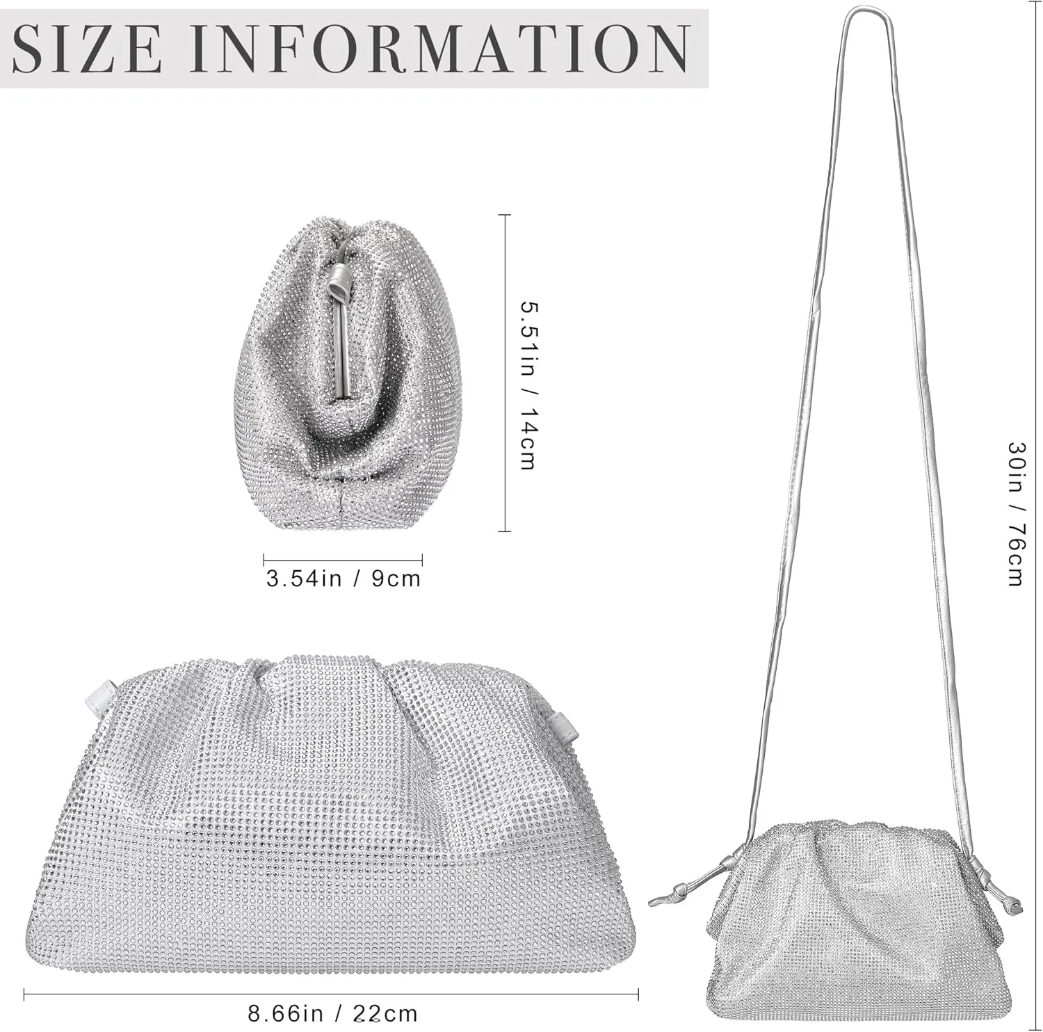 Womens Dumpling Crossbody Bag Handmade Leather Evening Clutch Bling Full Glitter Handbag Cloud Purse