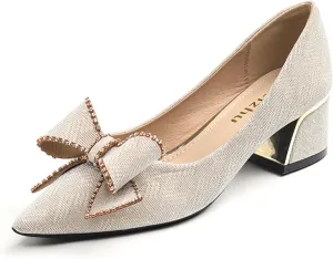 Women's Elegant Bow Low Chunky Heel Pumps Sexy Closed Pointed Toe Block Mid Heels Slip-On Formal Comfort Shoes for Weddings Proms.