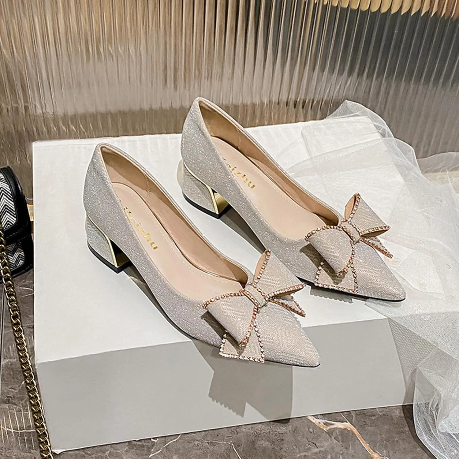 Women's Elegant Bow Low Chunky Heel Pumps Sexy Closed Pointed Toe Block Mid Heels Slip-On Formal Comfort Shoes for Weddings Proms.