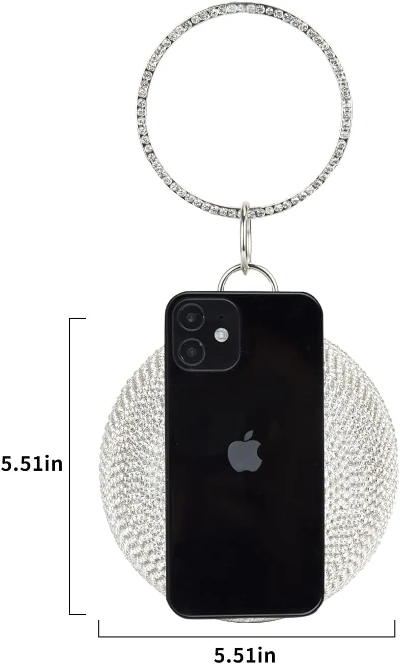 Women's Evening Round Ball Bag Diamond Clutch Purse Glitter Party Wedding Handbag with Chain