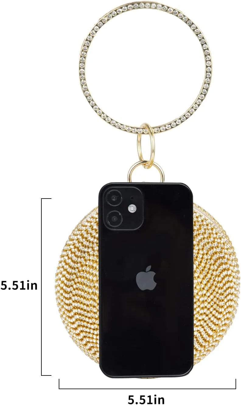 Women's Evening Round Ball Bag Diamond Clutch Purse Glitter Party Wedding Handbag with Chain