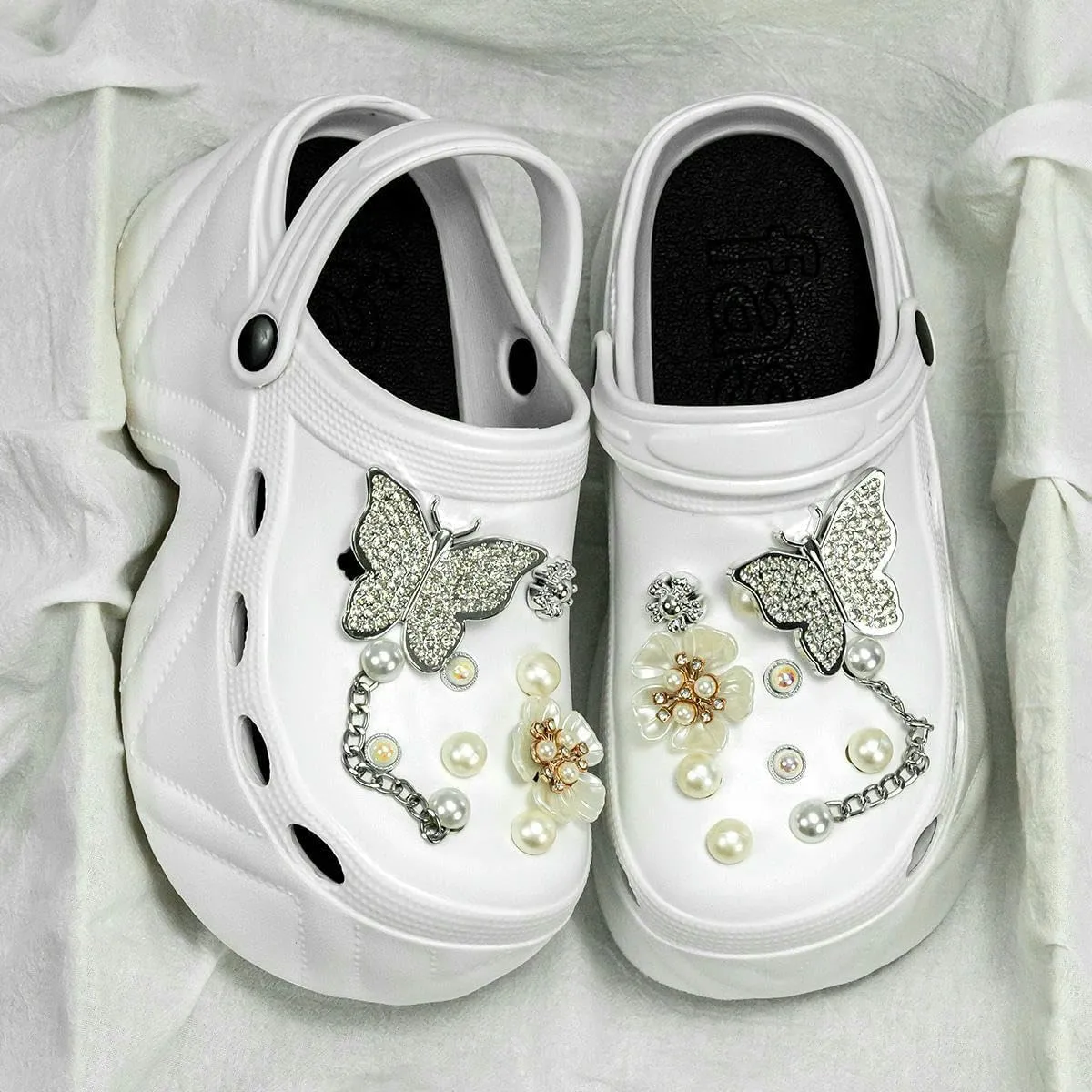 Women's Fashion Clogs Silver Butterfly High Heel Faux Leather Clogs Non-Slip Beach Slippers Sandals