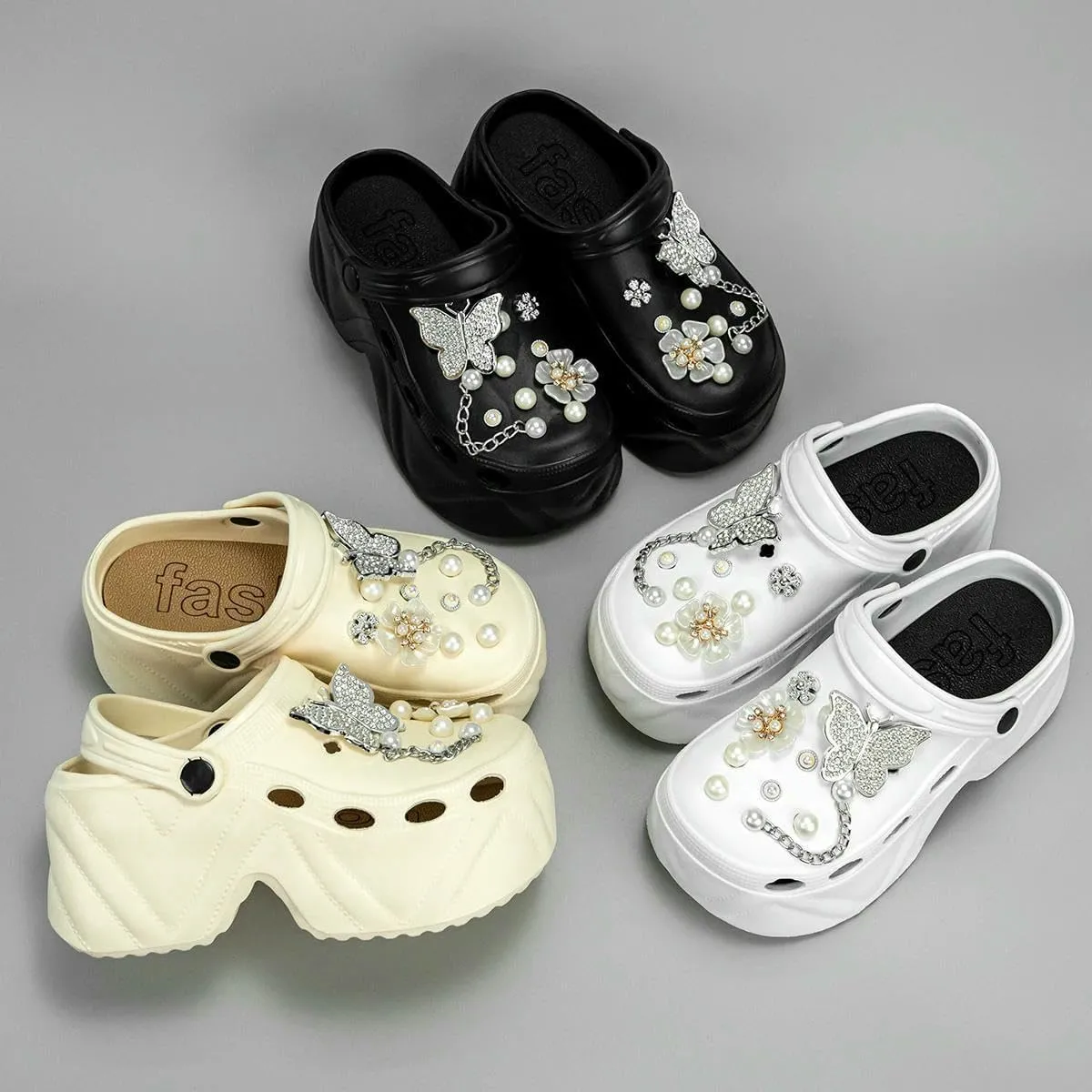 Women's Fashion Clogs Silver Butterfly High Heel Faux Leather Clogs Non-Slip Beach Slippers Sandals