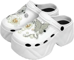Women's Fashion Clogs Silver Butterfly High Heel Faux Leather Clogs Non-Slip Beach Slippers Sandals