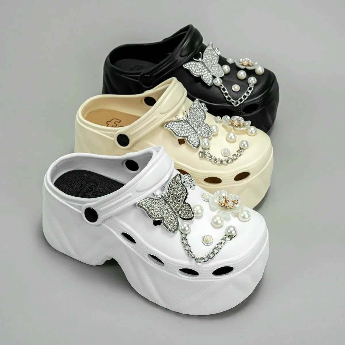 Women's Fashion Clogs Silver Butterfly High Heel Faux Leather Clogs Non-Slip Beach Slippers Sandals