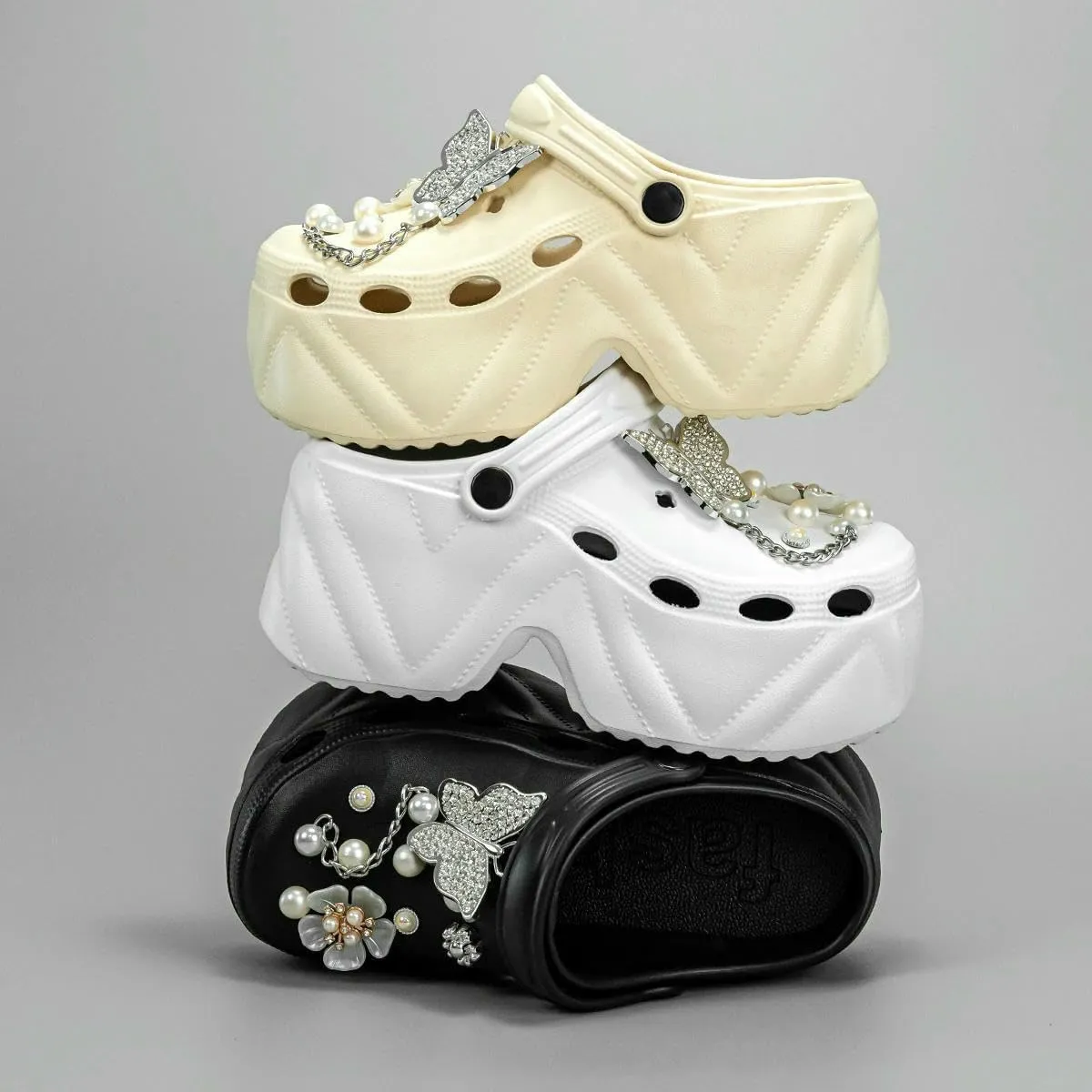 Women's Fashion Clogs Silver Butterfly High Heel Faux Leather Clogs Non-Slip Beach Slippers Sandals