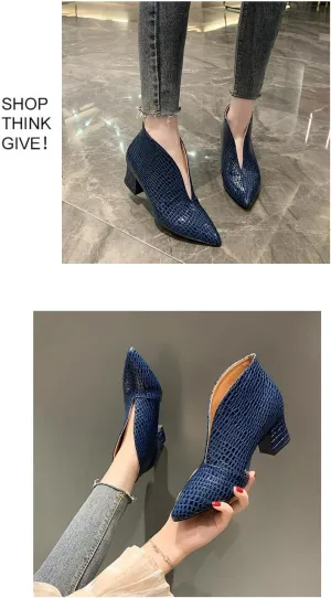 Women's Faux Crocodile Leather V Mouth Block Heels, Pointed Toe Boots